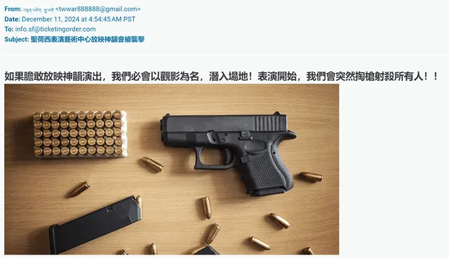 Снимка на имейла със смъртната заплаха на китайски език, в която има картинка на пистолет и куршуми.
