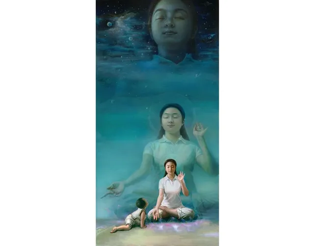 Картина от изложбата "Изкуството на Джън-Шан-Жен" на медитираща жена. Картина от изложбата "Изкуството на Джън-Шан-Жен" на медитираща жена и детето й, което я наблюдава и вижда в няколко измерения.