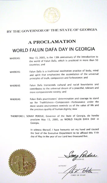 Прокламация от губернатора на щата Джорджия, Сони Пердю