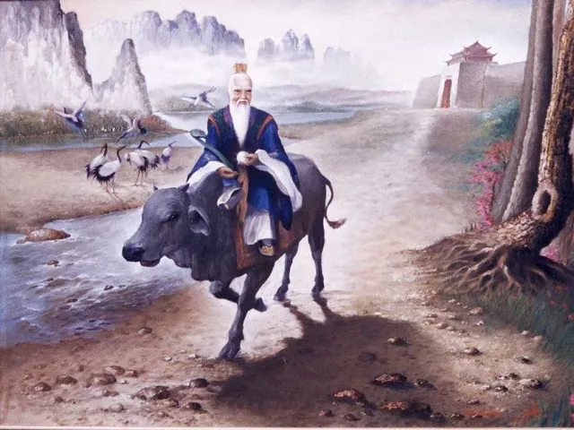 Рисунка на Лао Дзъ, основателят на даоизма, който язди вол. Рисунка на Лао Дзъ, яздещ вол, покрай река и ято щъркели.