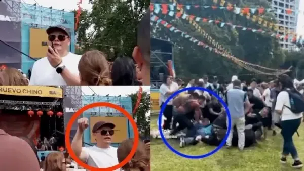 Кадри, показващи мъж с очила и тълпа хвърлила се върху човек.