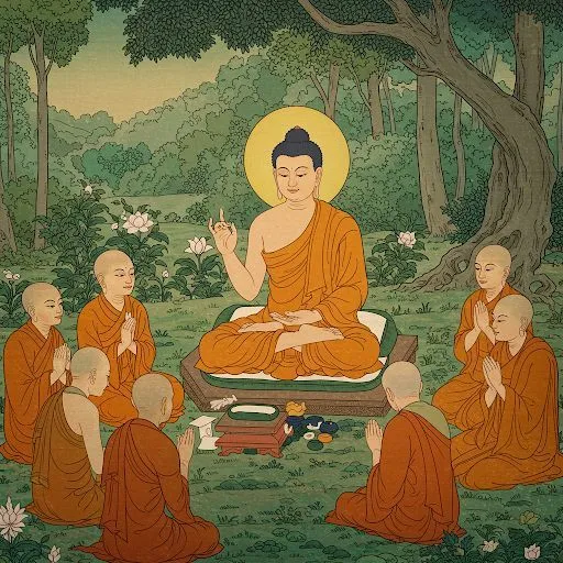 Буда предава учението си на ученици монаси. Картинка на Буда заобиколен от ученици монаси, предаващ учение, навън в зеленина.