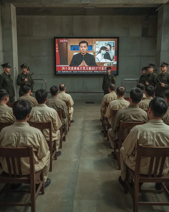 Затворници в обща стая седят наредени и гледат видеа на телевизор и униформени полицаи са събрани около тях.