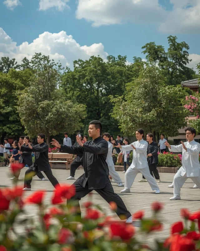 Група хора практикуват Тай Чи. Група азиатци практикуват Тай Чи заедно навън.