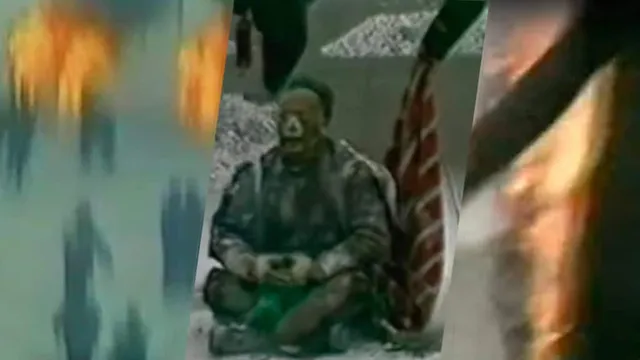 Кадри от случая на "самозапалили се" хора, които се преструват на последователи на Фалун Дафа.