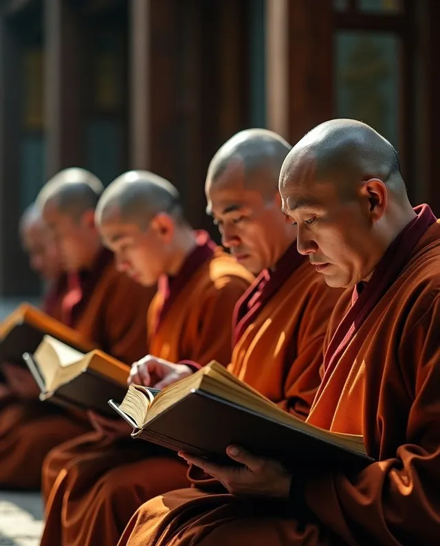 Монаси изучават заедно свещен текст. Източни монаси четат заедно книги седнали навън.